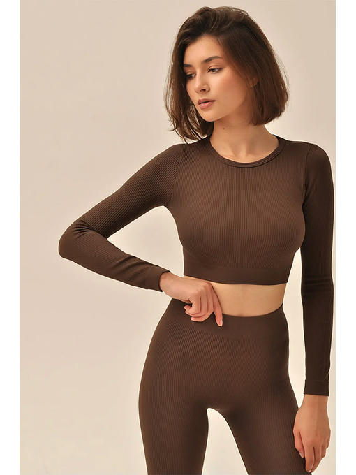 MY Топ женский TOP MANICA LUNGA RIB (1/45) (темно-коричневый) — изображение 2