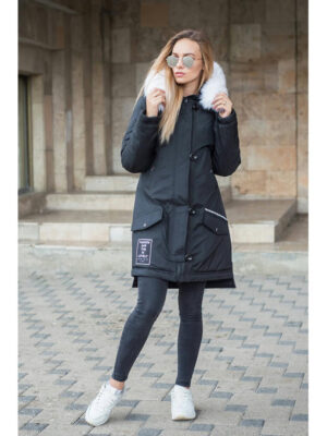 Теплая женская парка с меховым воротником черная