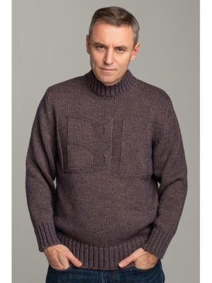 Теплый шерстяной мужской свитер с высокой горловиной фиолетовый меланж