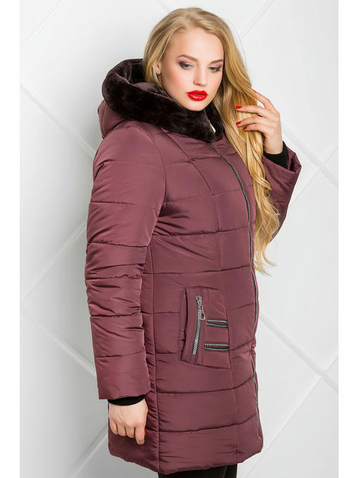 Пальто пуховик зимнее из плащевки цвета марсала с капюшоном — изображение 3