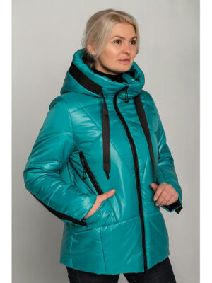 Бирюзовая демисезонная женская куртка с контрасной отделкой
