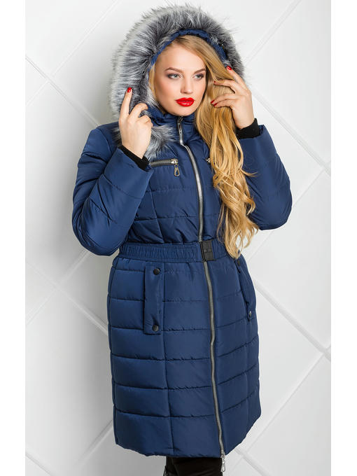 Зимнее пальто-пуховик синее с меховой опушкой на капюшоне — изображение 4