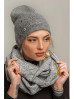 Шапка женская с украшениями: двойная, серая, зимняя