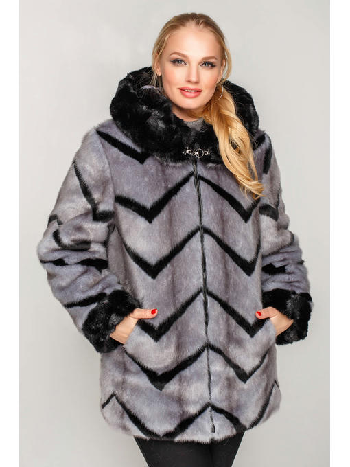 Серая шуба с тонким зигзагомкороткая ниже бедра из искусственного меха на змейке — изображение 3