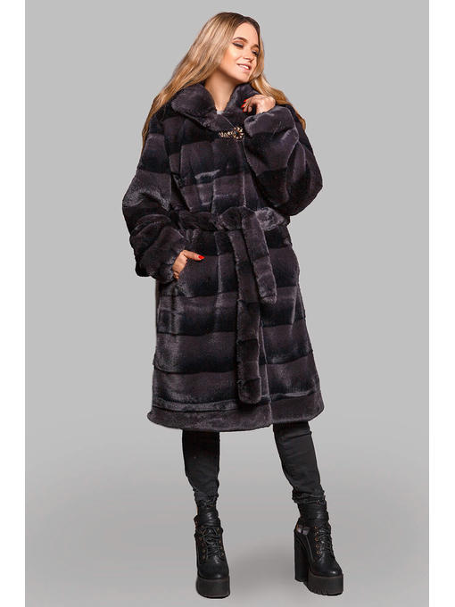 Стильная шуба Бланка на зиму из эко-меха норка с поясом в цвете графит — изображение 3