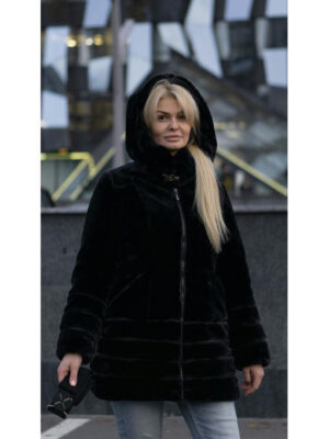 Черная эко-шуба c поясом на молнии