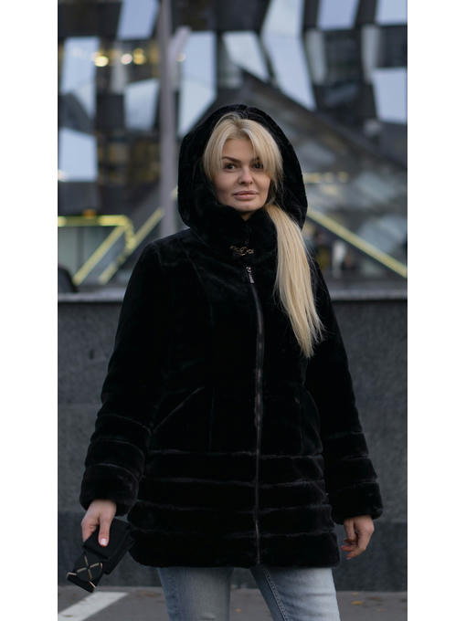 Черная эко-шуба c поясом на молнии