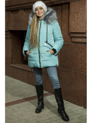 Куртка средней длины женская зима в бирюзовом цвете