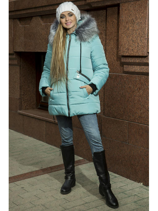 Куртка средней длины женская зима в бирюзовом цвете