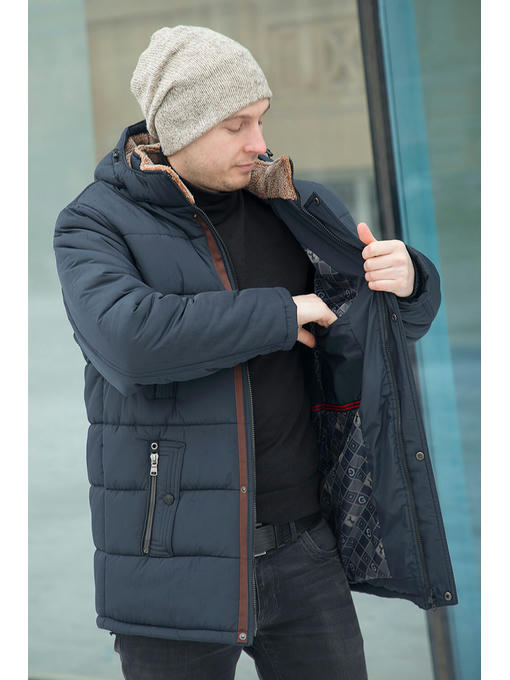 Куртка мужская зимняя темно-синяя KM-5 с коричневой отделкой эко-мехом — изображение 3