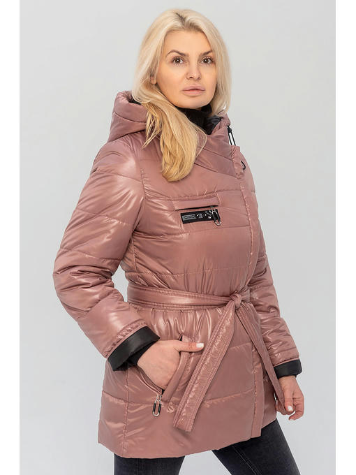 Демисезонная женская куртка с поясом цвета пудра — изображение 4