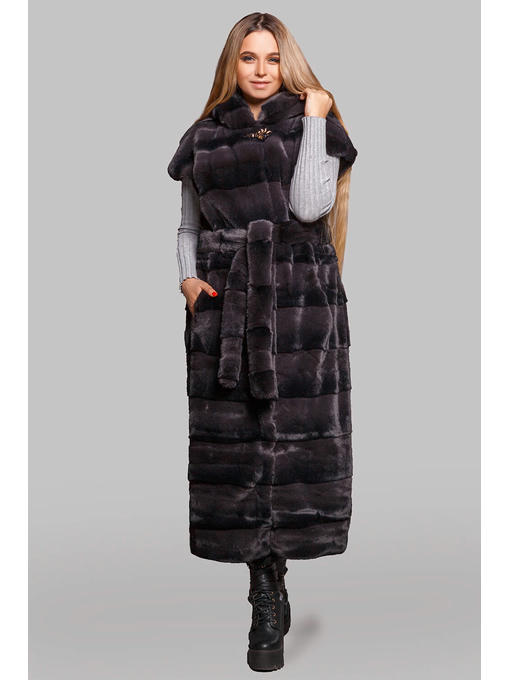 Длинный меховой жилет с капюшоном из стриженной эко-норки, графит — изображение 3