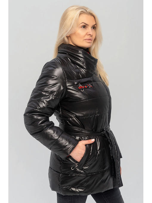 Демисезонная женская куртка с поясом черная больших размеров — изображение 2
