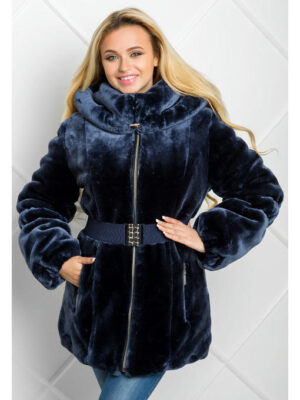 Шуба из искусственного мутона темно-синяя с поясом