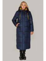Синее зимнее женская пальто - куртка модного покроя с вшитым капюшоном от