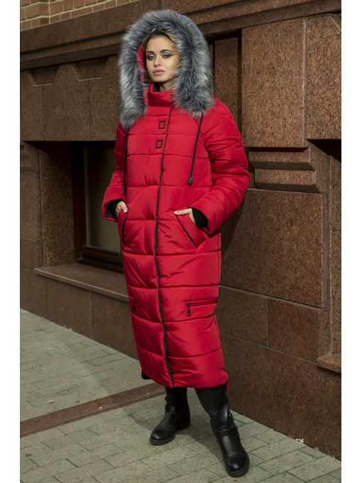 Пальто зимнее из плащевки ниже колена красное — изображение 4