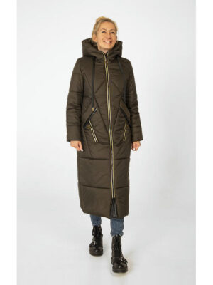 Женское стильное зимнее пальто с капюшоном цвета хаки