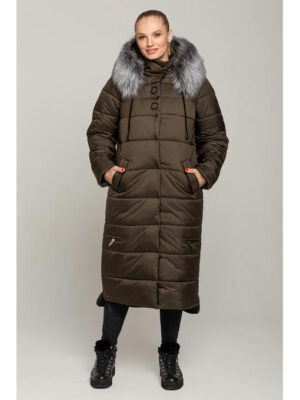 Длинное пальто-куртка на зиму в цвете хаки