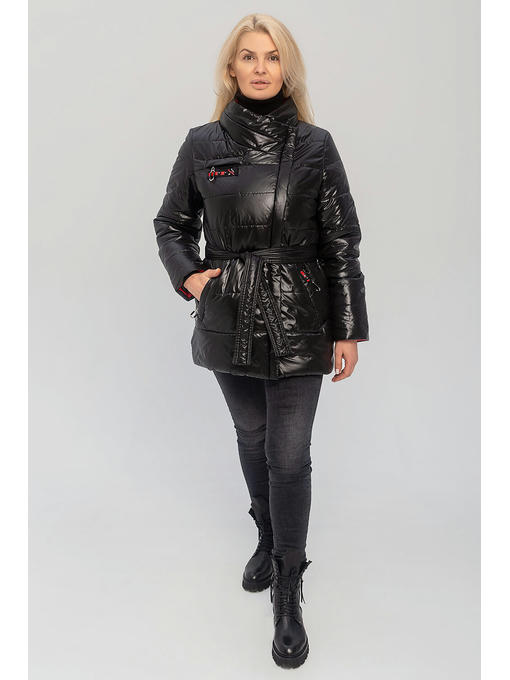Демисезонная женская куртка с поясом черная больших размеров — изображение 6