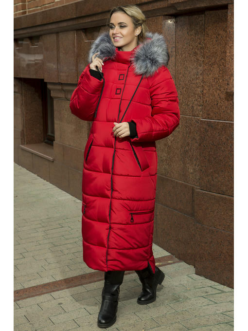 Пальто зимнее из плащевки ниже колена красное — изображение 3