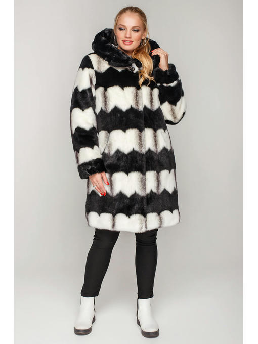 Шуба под норку полосатыми зигзагами черно-белая с капюшоном — изображение 5