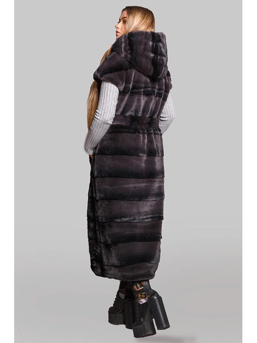 Длинный меховой жилет с капюшоном из стриженной эко-норки, графит — изображение 2