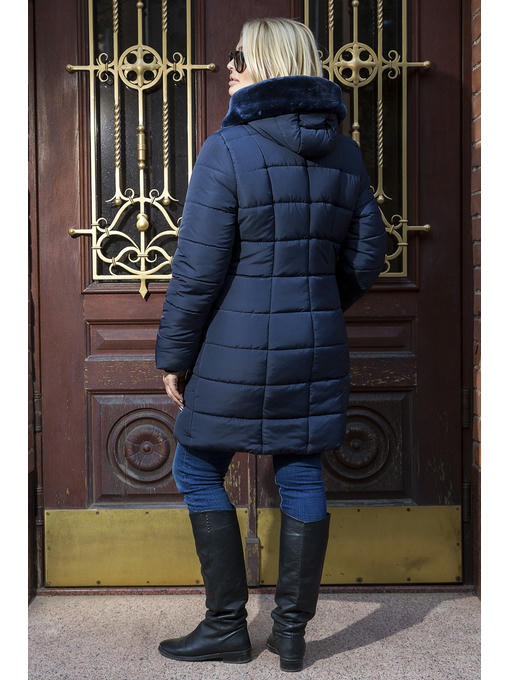 Зимний пуховик-пальто синего цвета с капюшоном и мехом — изображение 3