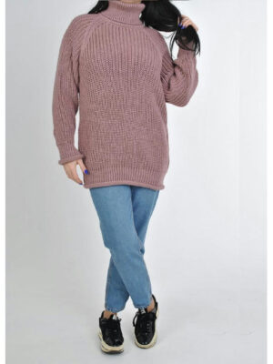Удлиненный женский свитер крупной вязки с рукавом реглан розового цвет