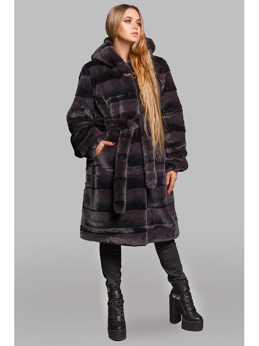 Стильная шуба Бланка на зиму из эко-меха норка с поясом в цвете графит — изображение 5