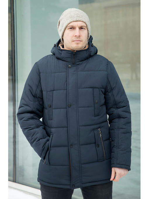 Куртка мужская зимняя темно-синяя KM-5 с коричневой отделкой эко-мехом — изображение 5