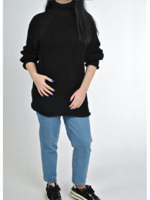 Удлиненный женский свитер крупной вязки с рукавом реглан черный
