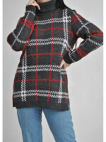 Женский свитер-туника с клетчатым орнаментом и разрезами по бокам темно-серый