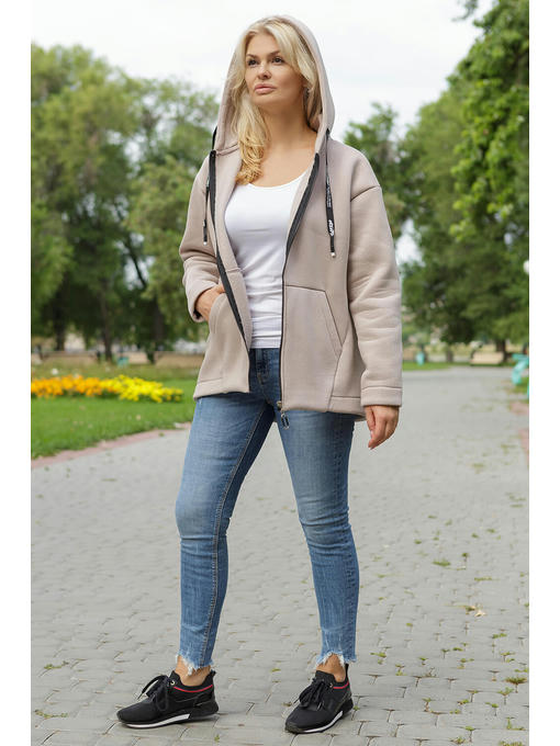 Кофта спортивная с молнией и капюшоном бежевого цвета — изображение 3