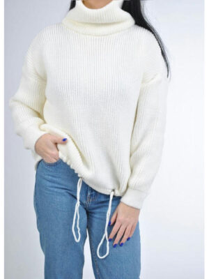 Женский вязанный шерстяной свитер с высоким горлом молочный