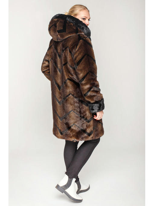 Коричня удлиненная шуба с капюшоном из искусственного меха — изображение 2