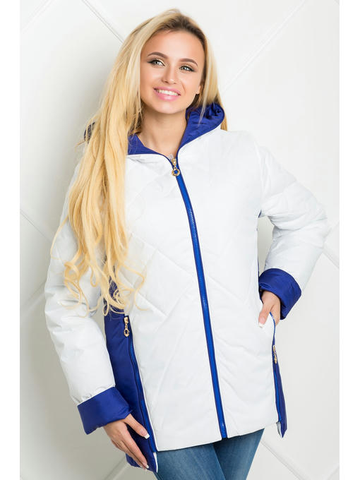 Белая демисезонная куртка с синими вставками и капюшоном — изображение 3