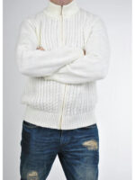 Мужская теплая вязанная кофта разъемной змейкой молочного цвета