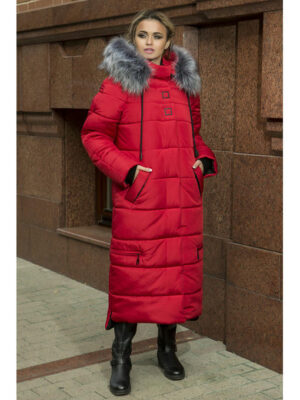 Пальто зимнее из плащевки ниже колена красное