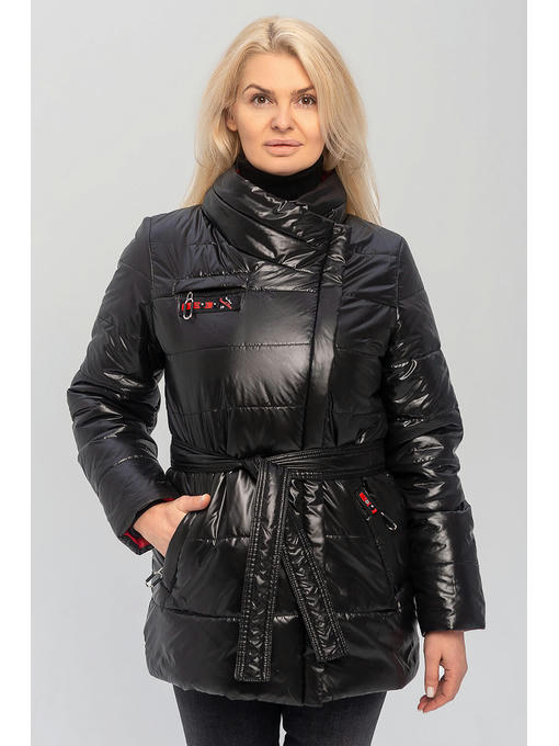 Демисезонная женская куртка с поясом черная больших размеров — изображение 7