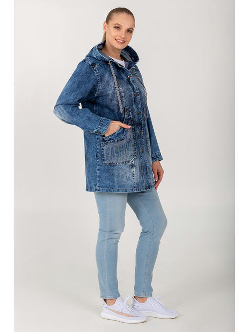 Демисезонная женская джинсовая куртка-ветровка на пуговицах с накладными карманами — изображение 4