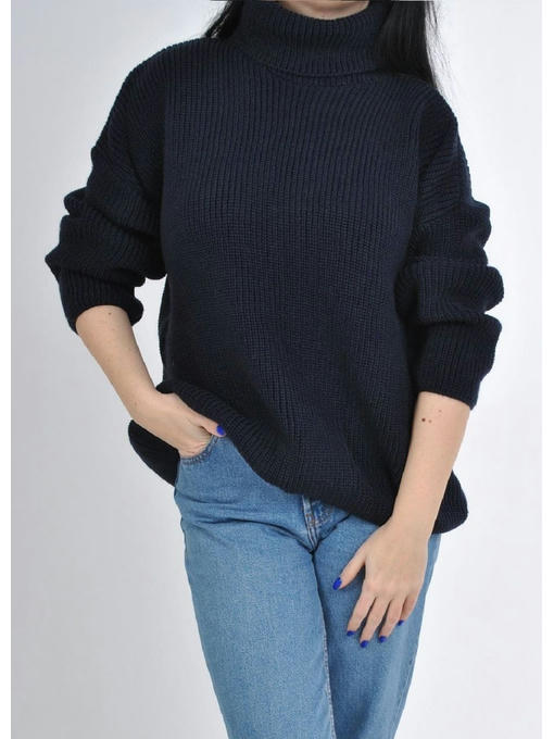 Женский теплый свитер с высоким горлом темно-синий — изображение 4