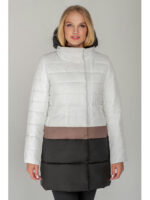 Женское пальто-куртка белое с бежевой полосой демисезон