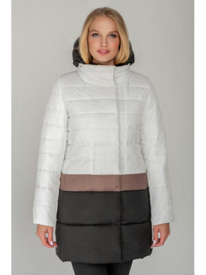 Женское пальто-куртка белое с бежевой полосой демисезон