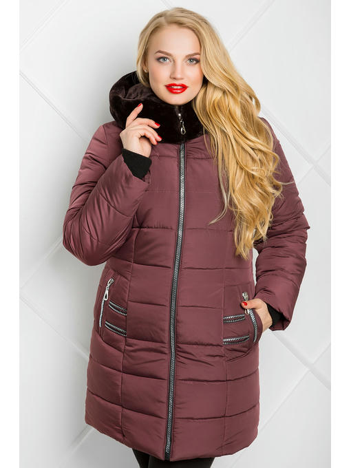 Пальто пуховик зимнее из плащевки цвета марсала с капюшоном — изображение 2