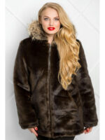Коричня шуба из искусственной норки с капюшоном