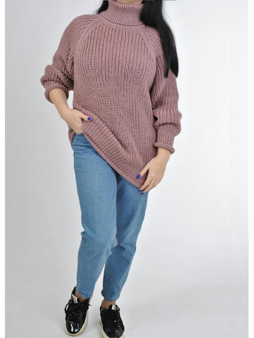 Удлиненный женский свитер крупной вязки с рукавом реглан розового цвет — изображение 2