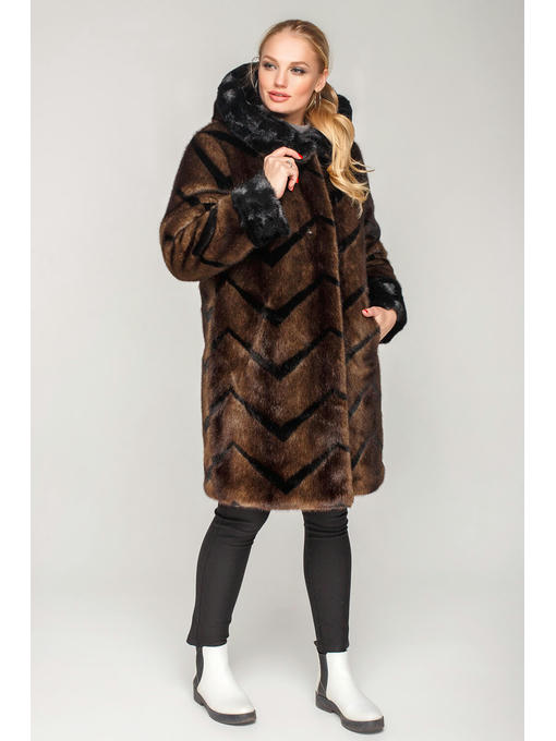 Коричня удлиненная шуба с капюшоном из искусственного меха — изображение 5