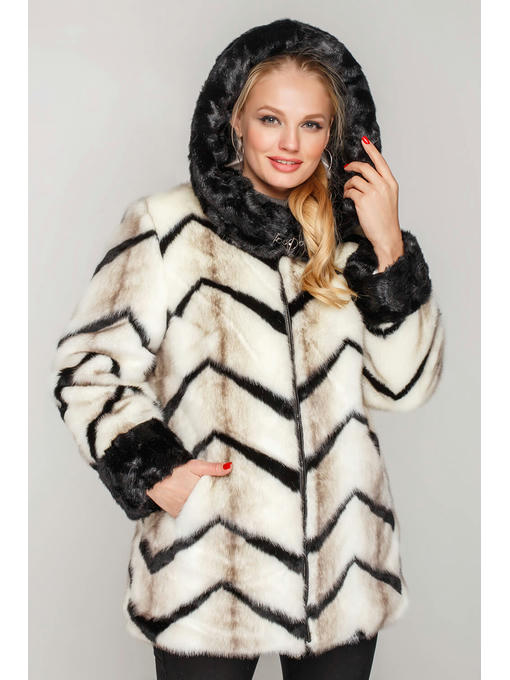 Эко-шуба в молочном цвете с черными тонкими вставками ниже бедра — изображение 2