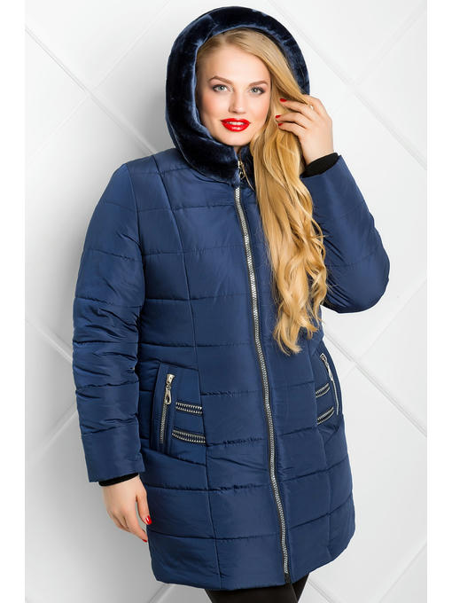 Женский пуховик-пальто синего цвета с меховой отделкой капюшона — изображение 4