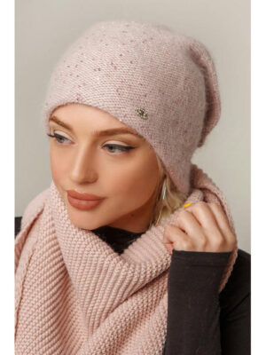 Шапка зимняя двойная Бант с украшением в цвете пудра